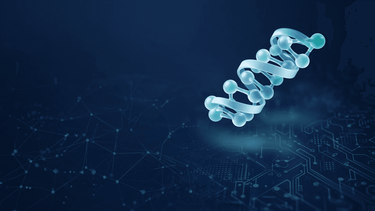 Abstract illustration of AI-assisted peptide design: glowing peptide structure over a neural network and circuit background.