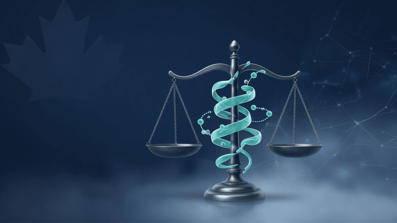 Abstract illustration of scales of justice with a peptide helix, representing FDA peptide regulation for Canadian researchers.