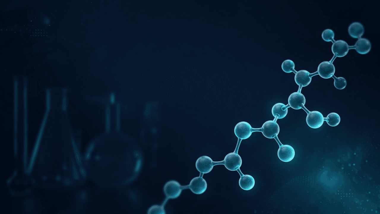 Abstract peptide molecule illustration in navy and teal, BlueNexLabs research style