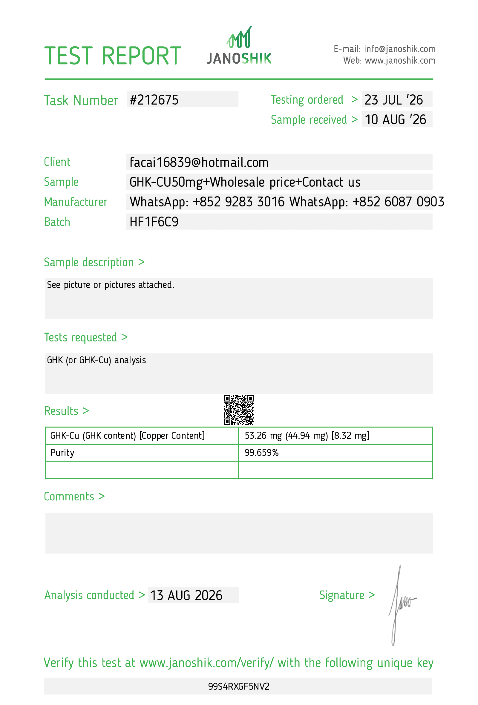 Janoshik test report 212675 for GHK-Cu batch HF1F6C9, analysis conducted 13 Aug 2026. GHK-Cu 53.26 mg (GHK content 44.94 mg, copper 8.32 mg). Purity 99.659%.