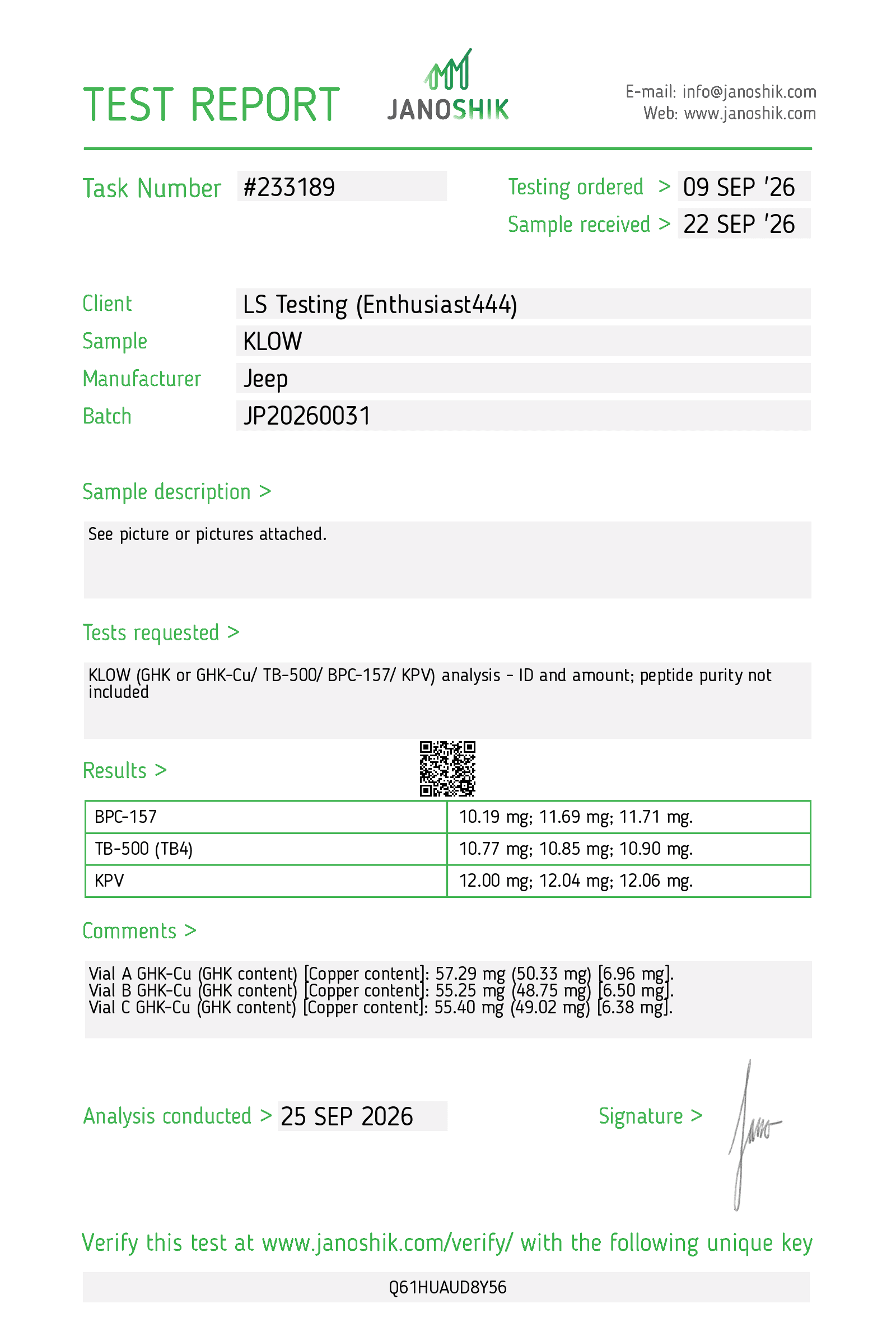 Janoshik test report 233189 for KLOW batch JP20260031, analysis conducted 25 Sep 2026. Identity and amount: BPC-157 10.19 mg, 11.69 mg, and 11.71 mg; TB-500 (TB4) 10.77 mg, 10.85 mg, and 10.90 mg; KPV 12.00 mg, 12.04 mg, and 12.06 mg; GHK-Cu vials A, B, and C 57.29 mg, 55.25 mg, and 55.40 mg. Peptide purity was not tested.