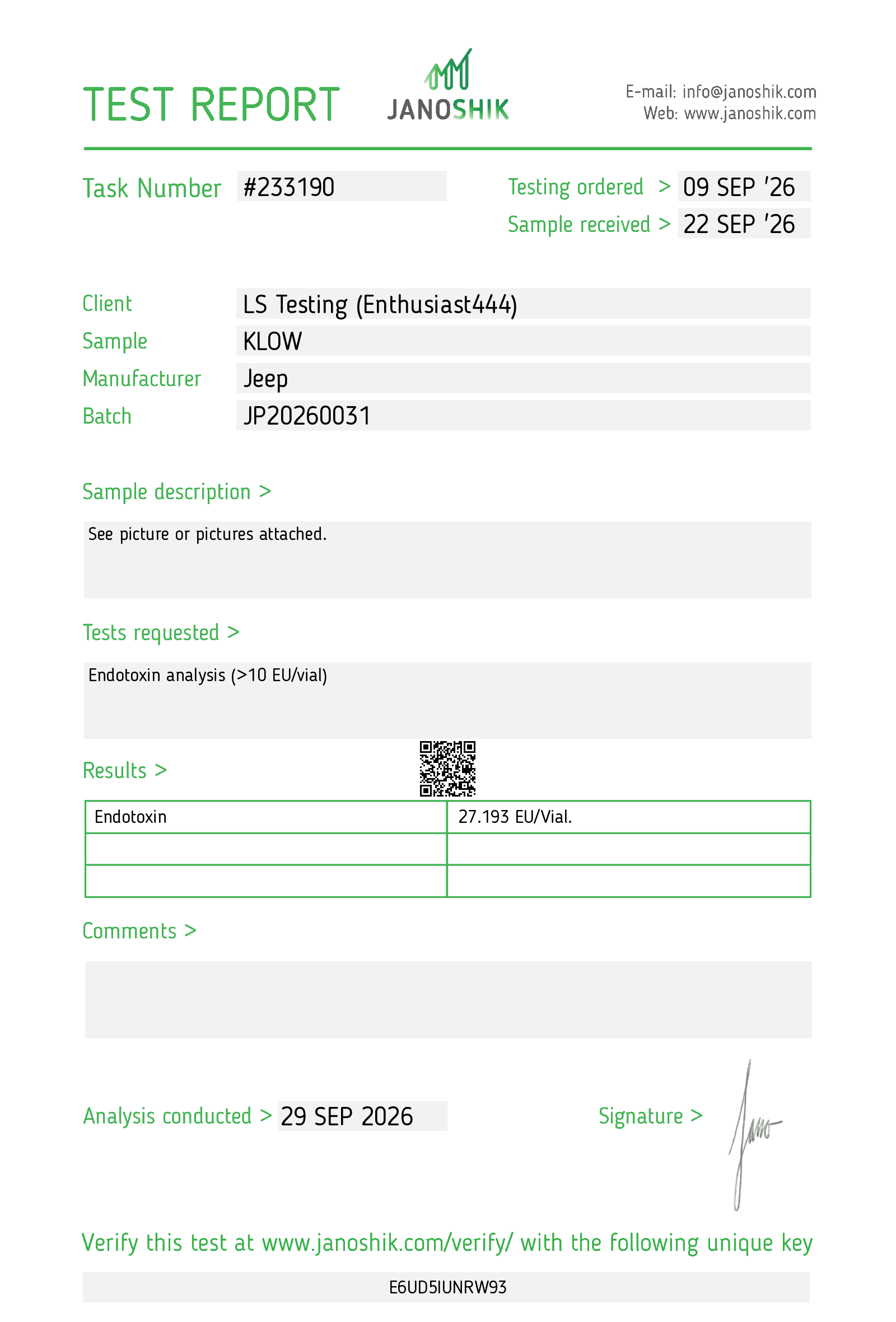 Janoshik endotoxin report 233190 for KLOW batch JP20260031, analysis conducted 29 Sep 2026, result 27.193 EU per vial.
