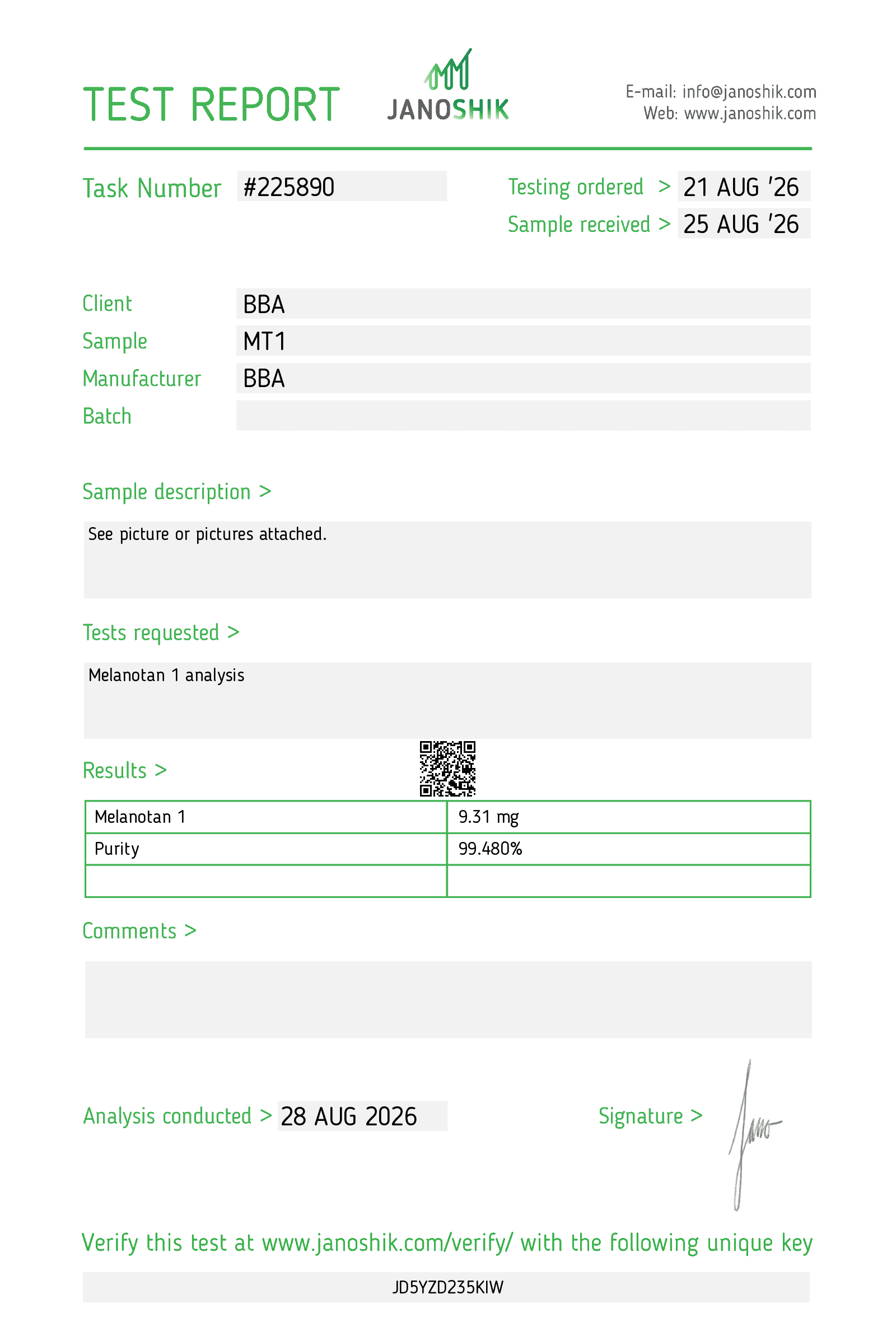 Janoshik test report 225890 for Melanotan 1, sample MT1, batch not stated, analysis conducted 28 Aug 2026. Melanotan 1 analysis. Melanotan 1 9.31 mg. Purity 99.480%.