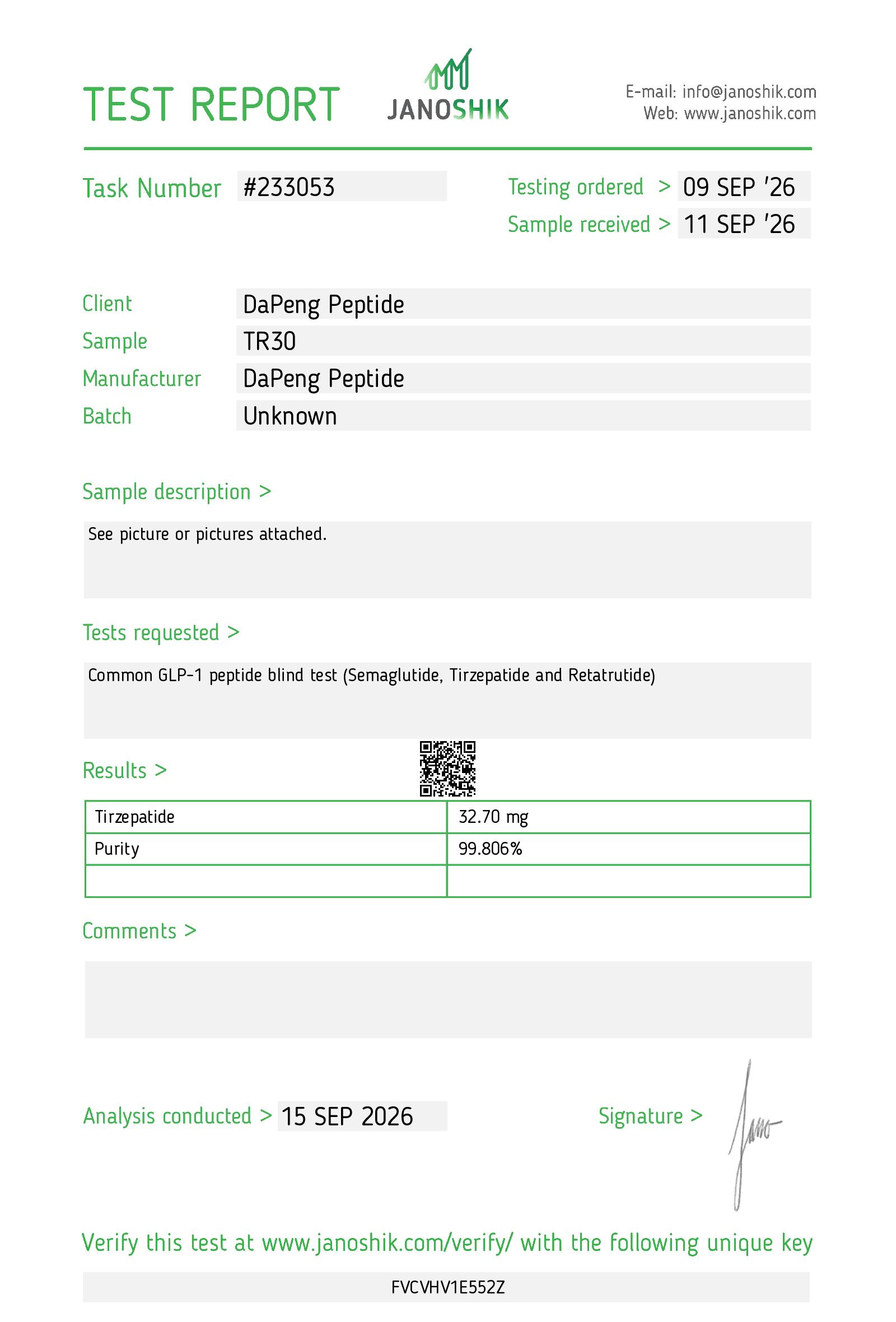 Janoshik test report 233053 for Tirzepatide sample TR30, batch not stated, analysis conducted 15 Sep 2026. Common GLP-1 peptide blind test. Tirzepatide 32.70 mg. Purity 99.806%.