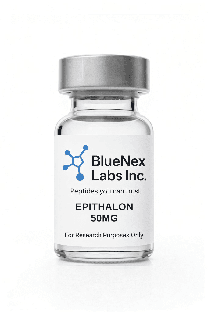 Clear vial labeled Epithalon 50mg research peptide