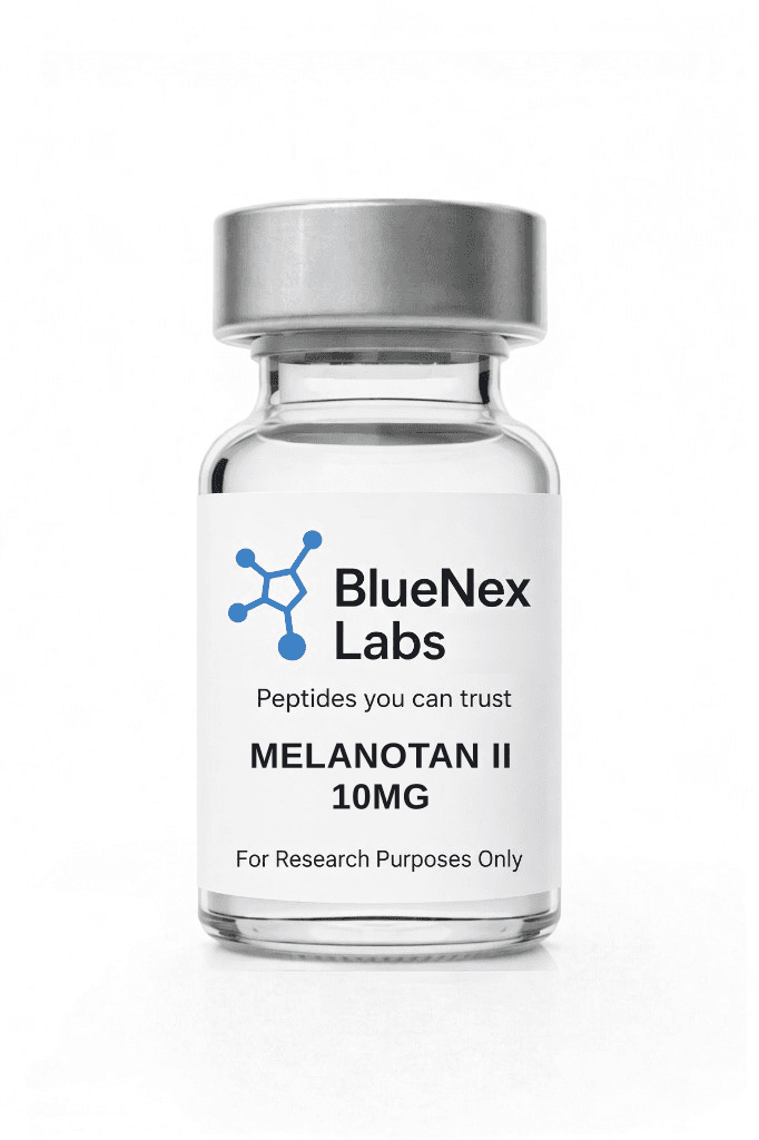 Clear vial labeled Melanotan II 10mg research peptide