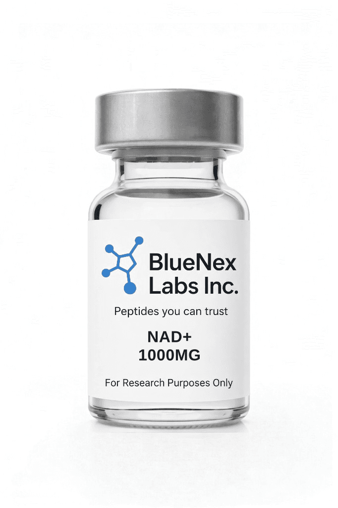 Clear vial labeled NAD+ 1000mg gold-cap research cofactor