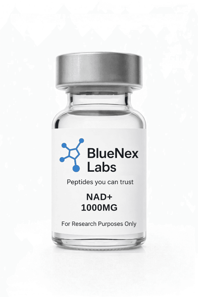 Clear vial labeled NAD+ 1000mg gold-cap research cofactor