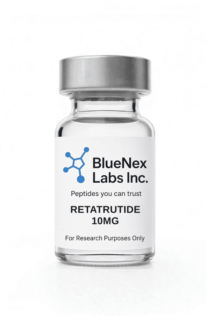 Clear vial labeled retatrutide 10mg blue-cap research peptide