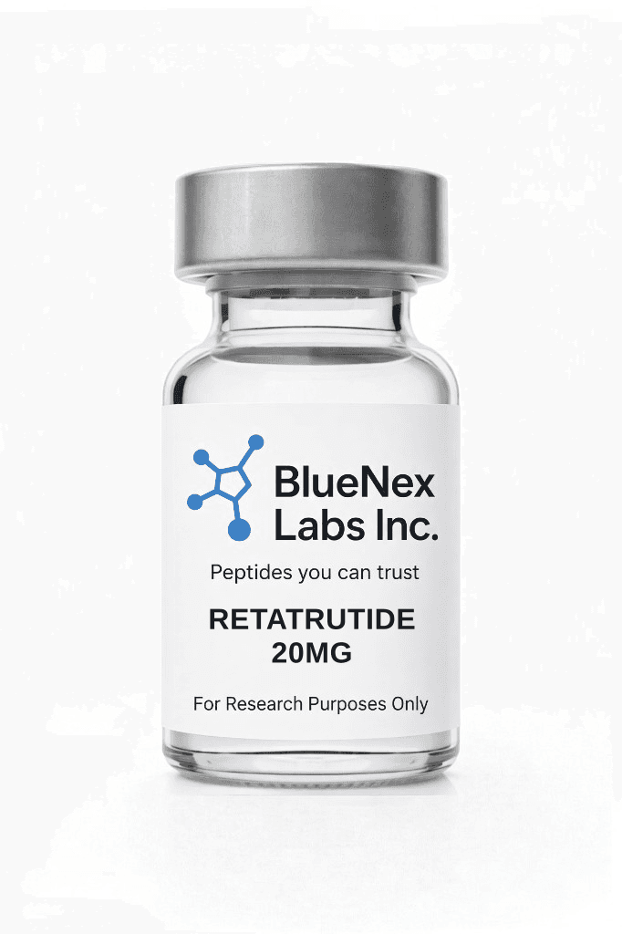 Clear vial labeled retatrutide 20mg purple-cap research peptide