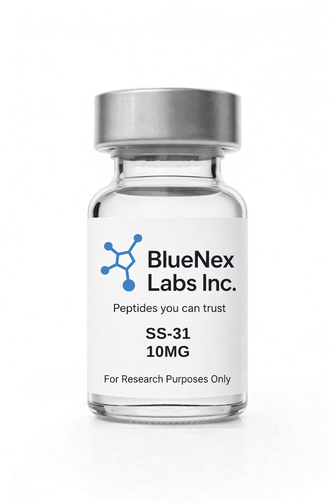 Clear vial labeled SS-31 10mg research peptide