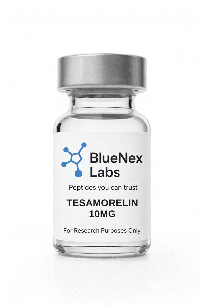 Clear vial labeled tesamorelin 10mg research peptide