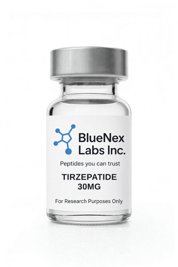 Clear vial labeled tirzepatide 30mg black-cap research peptide