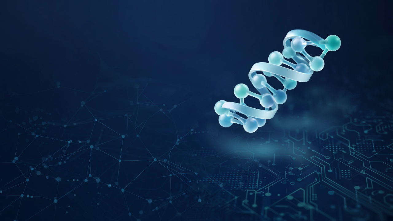 Abstract illustration of AI-assisted peptide design: glowing peptide structure over a neural network and circuit background.