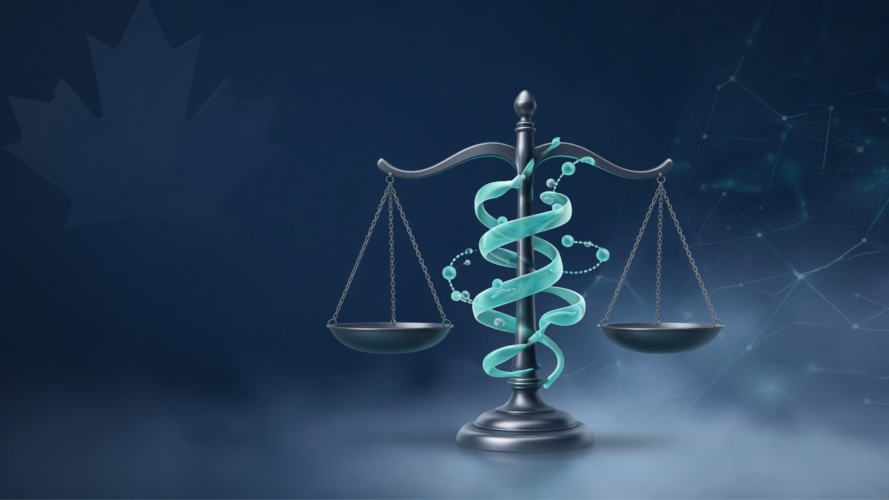 Abstract illustration of scales of justice with a peptide helix, representing FDA peptide regulation for Canadian researchers.