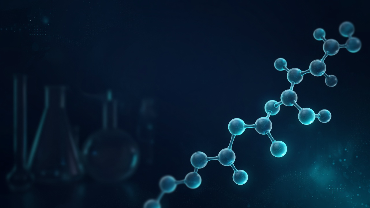 Abstract peptide molecule illustration in navy and teal, BlueNexLabs research style